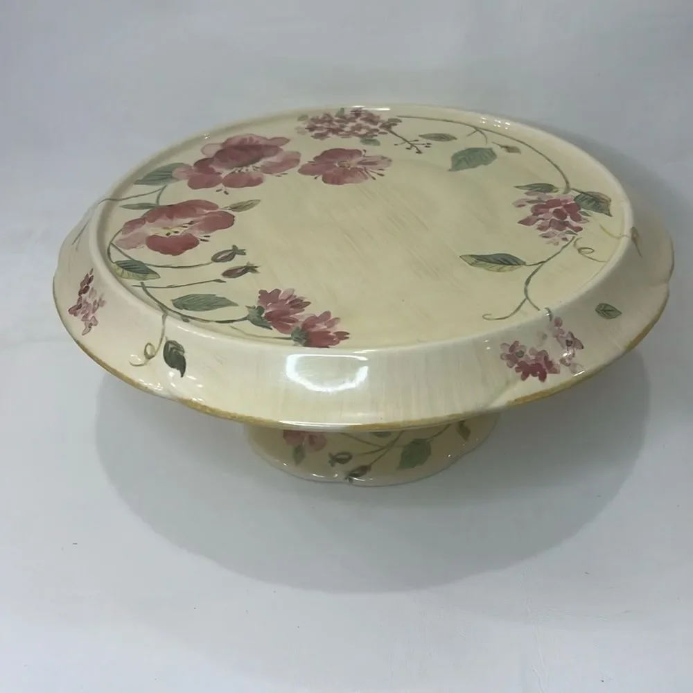 Pfaltzgraff Silk Rose Cake Plate Stand 12 In Round Creamy Yellow Pink Green